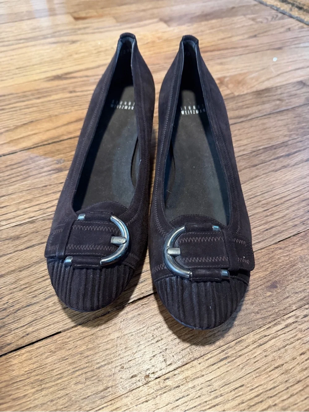 Stuart Weitzman Dark Brown Suede Wedge Flats with Buckle Accent - Picture 2 of 6